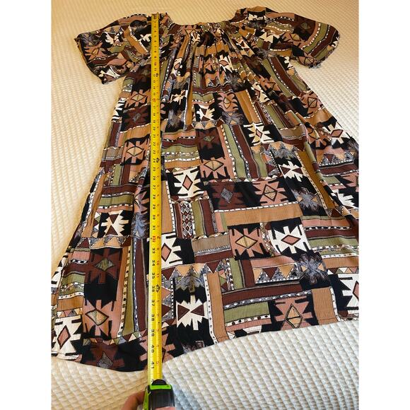 Hand Made Boho One Of A Kind Tribal Print Knee Length Brown Short Sleeve Dress L - Picture 7 of 14